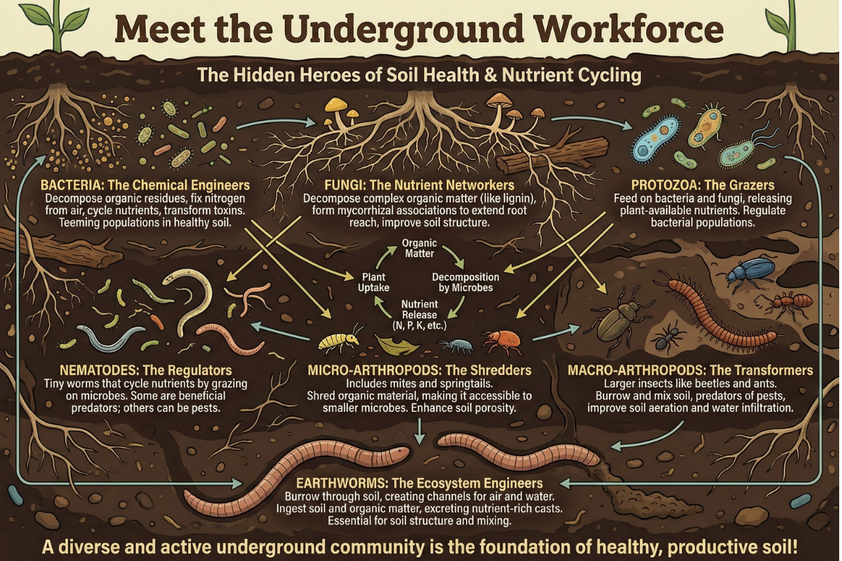 Illustration of the soil, food, web, depicting various organisms and their connections in the ecosystem.